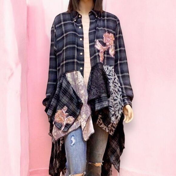 Black Flannel Sequins Tiered Asymmetric Long Trim Festival Kimono Jacket NEW - Picture 2 of 3